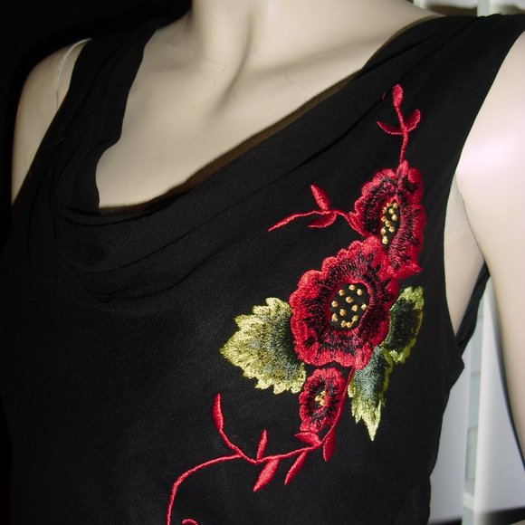 Lapis,black cocktail,party,pure 100% silk,cowl neck,red embroidery,floral,Unique - Picture 1 of 9